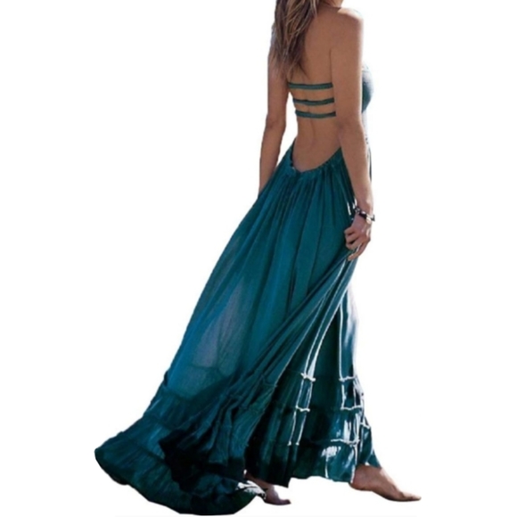 Peacock Blue Maxi Halter Gauze Dress Tiered Long Flowy Bohemian Beach Vacation - Picture 7 of 14